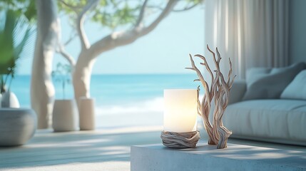 A handcrafted driftwood lamp with intertwined branches and a soft white light, placed on a minimalist concrete side table in a modern beach house, surrounded by soft pastel decor and natural sunlight,