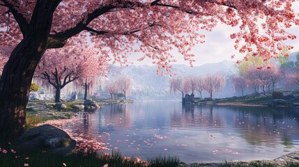 Serene landscape with cherry blossoms falling on calm lake.