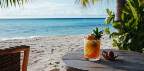 Obraz premium Refreshing tropical mocktail with fresh fruit, perfect for a dreamy getaway hideaway vibe.