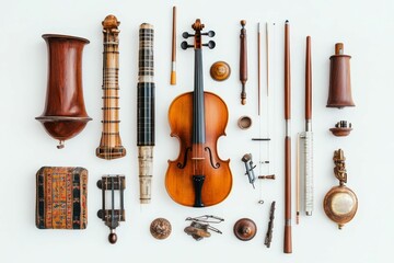 Naklejka premium Musical instruments, tools, and containers arranged neatly.