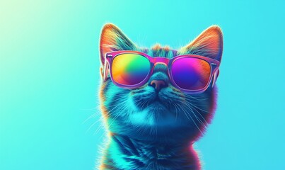 Cool cat wearing vibrant sunglasses against a bright blue background.