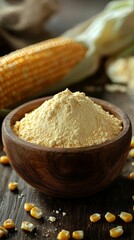 Fototapeta premium Corn Flour in Wooden Bowl on Rustic Table, Close-Up with Corn Cobs, Healthy Ingredient, Space Text