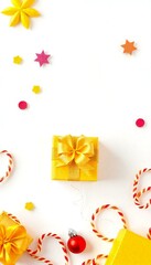 Minimalist Yellow Gift Box with Red Ornament on White Background Generated by AI.