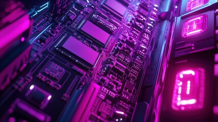 Obraz premium Futuristic Circuit Board Glowing With Neon Purple Lights