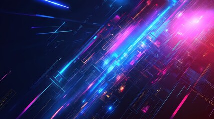 Obraz premium Futuristic cityscape with geometric skyscrapers, neon lights, and digital elements