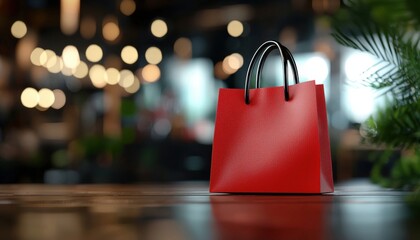 A vibrant red shopping bag sits elegantly on a wooden table, surrounded by a blurred, festive bokeh backdrop, perfect for lifestyle themes.