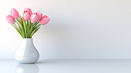 Fototapeta premium Pink tulips in a white vase against a white background. Beautiful background with copy space Generative ai