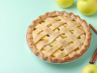 Golden Lattice Apple Pie with Cinnamon Sticks on Pastel Surface