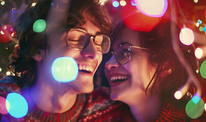 A man and a woman are smiling at the camera in front of a Christmas tree. The man is wearing glasses and the woman is wearing a red sweater. Scene is happy and festive