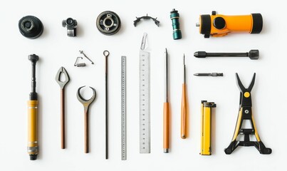 Fototapeta premium Assorted tools arranged neatly on white background.