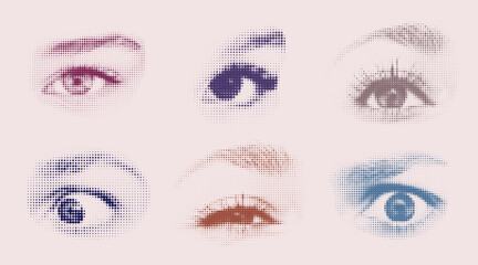 Halftone human eyes collection. Set of trendy collage elements eye sight. Contemporary grunge style.