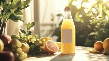 Glass Bottle of Orange Juice with Fresh Citrus Fruit