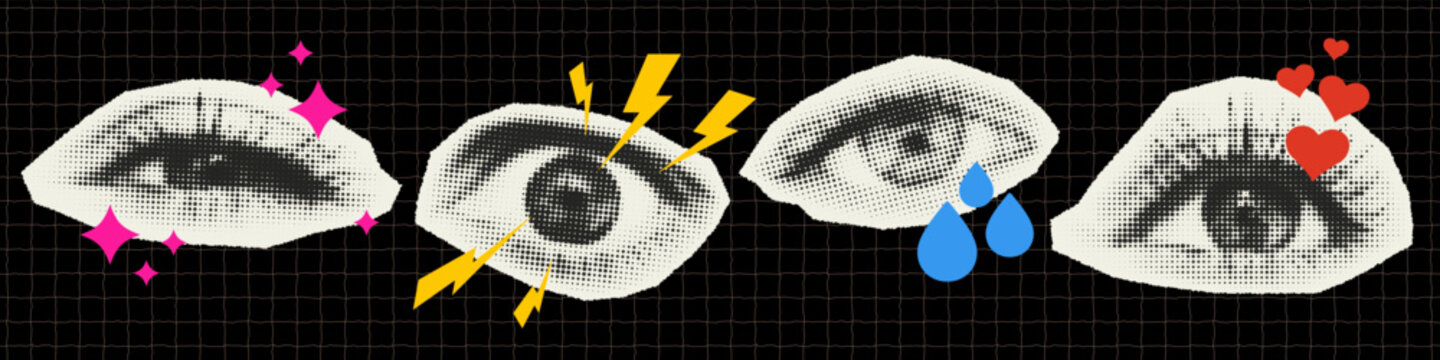 Naklejki Set of retro style paper cut halftone eyes with different emotions. Angry look, with lightning bolts, in love with hearts, crying with tears 