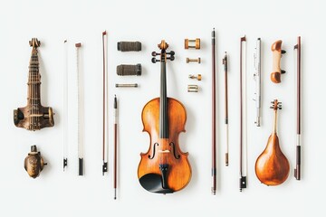 Naklejka premium Stringed instruments, bows, and accessories arranged neatly.