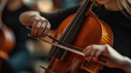 Fototapeta premium Close-up of a Woman's Hand Playing a Cello with a Bow