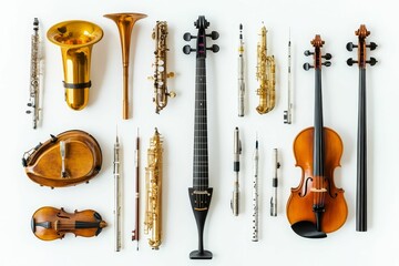 Naklejka premium Musical instruments arranged on white background.