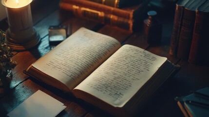 An Open Book with Handwritten Notes on a Wooden Table