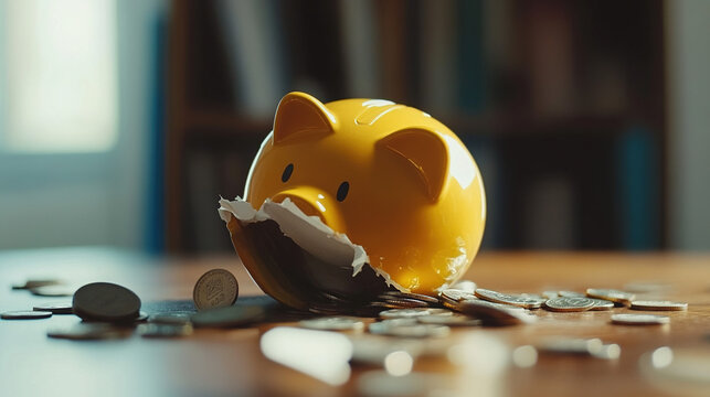 Broken piggy bank with coins scattered around, symbolizing financial struggle and the need for careful budgeting and saving.
