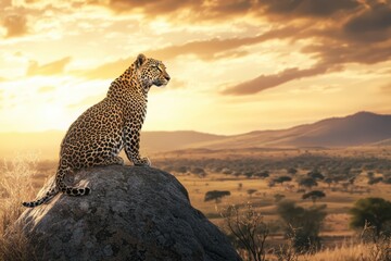 Obraz premium Leopard on Rocky Outcrop at Sunset in African Savanna
