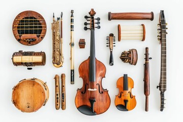 Variety of vintage musical instruments displayed.