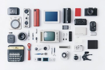 Assorted vintage electronics, cameras, and tools.