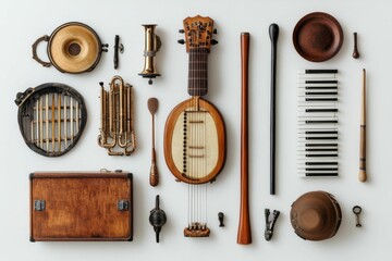 Antique musical instruments, tools, and containers arranged.