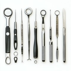 Precision instruments arranged neatly on white.