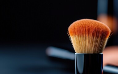 Close-up of a soft makeup brush against a dark background, perfect for beauty and cosmetics themes.