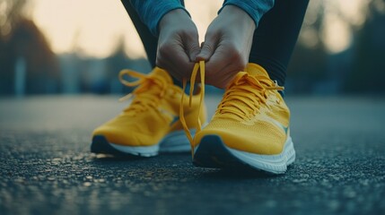 Close-up of a person tying yellow shoelaces on running shoes.