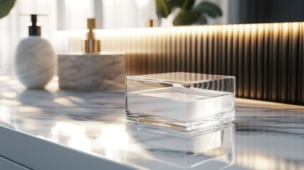 Glass Cube Filled with Water on Marble Countertop