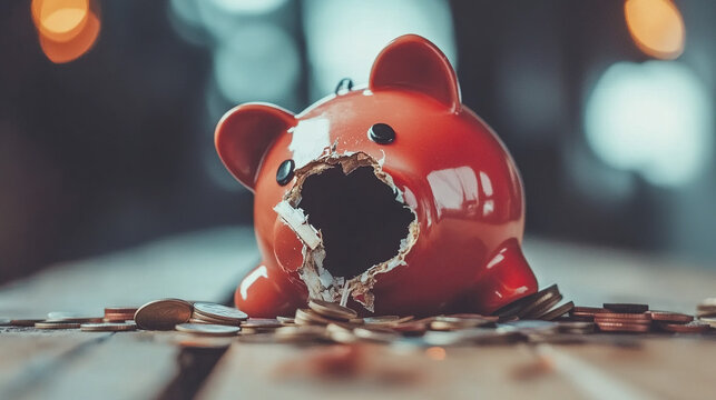 Broken piggy bank with coins scattered around, symbolizing financial struggle and the need for careful budgeting and saving.