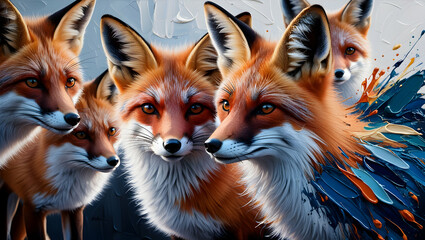 Fototapeta premium Portrait painting of foxes with oil paints in various colors. Conceptual abstract painting of fennec bird snout. Close-up of painting with oil paint and palette knife on canvas. 