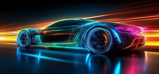 Futuristic sports car speeding, glowing neon lights.