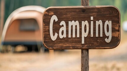 A wooden sign displaying the word "Camping" in a natural outdoor setting with a trailer in the background.