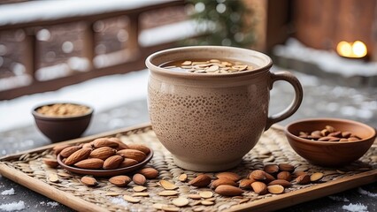Fototapeta premium A handcrafted clay mug of ginger tea with a bowl of mixed seeds and almonds, placed on a woven mat in a snowy patio setting.