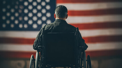 Veteran in wheelchair facing American flag, symbolizing hope, resilience, and patriotism, evoking strong emotions and reflecting national pride