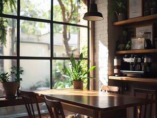 cozy coffee shop interior featuring wooden table, plants, and large windows. warm sunlight creates welcoming atmosphere, perfect for relaxation or work