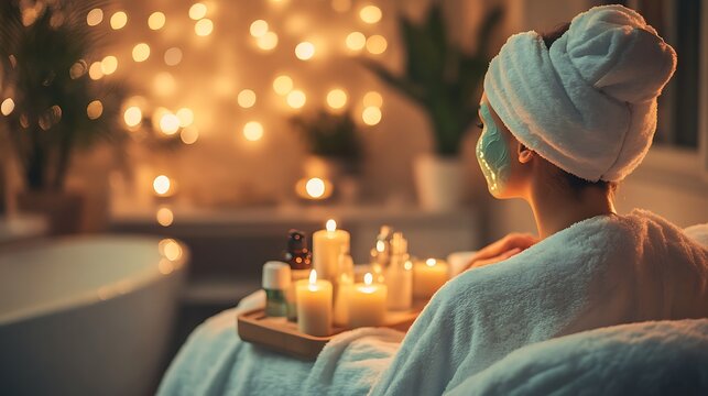 A person enjoying a home spa day, relaxing in a bathrobe with face masks, candles, and essential oils, creating a tranquil atmosphere in their bathroom 