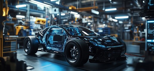 Obraz premium Futuristic sports car with digital overlay in a factory.