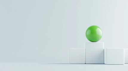 A minimalistic image featuring a shiny green sphere balanced atop white cubes against a light...