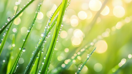 Obraz premium Dewdrops on Green Grass Blades with a Blurred Background