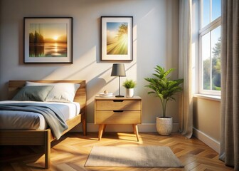 Fototapeta premium Minimalist Bedroom Sunlight, Wooden Nightstand, Urban Exploration Photography, Interior Design