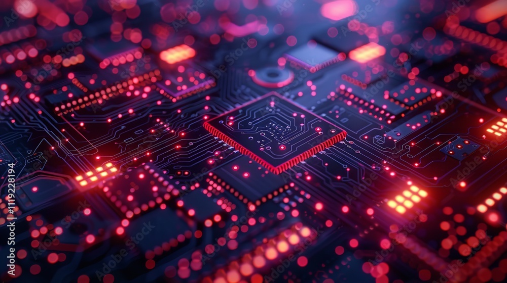 Poster circuit board futuristic server processing code on a technology background, ai generative.