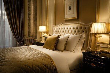Elegant bedroom design featuring a gold-plated lamp luxurious interior contemporary space cozy atmosphere stylish viewpoint modern living concept for ultimate comfort