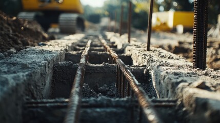 Close-up of a construction site with rebar and concrete foundations.