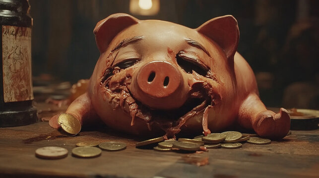 Broken piggy bank with coins scattered around, symbolizing financial struggle and the need for careful budgeting and saving.