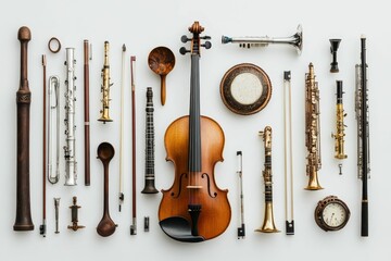 Fototapeta premium Orchestral instruments arranged on white background.
