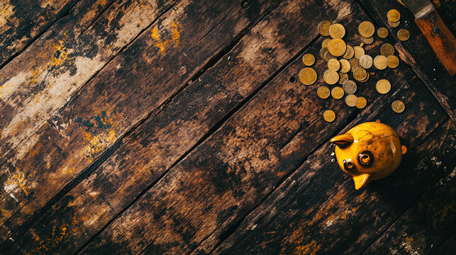 Broken piggy bank with coins scattered around, symbolizing financial struggle and the need for careful budgeting and saving.