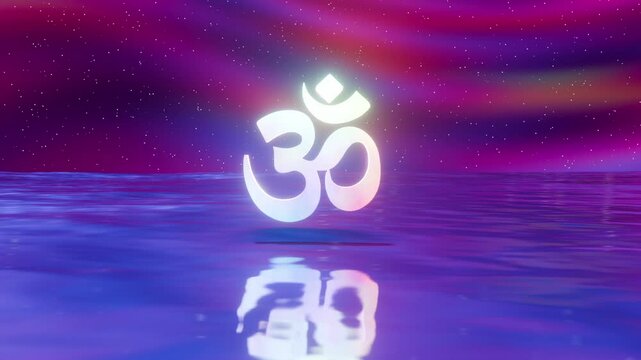 Hindu Religious Holy Symbol Om floating over a heavenly sea or other water body with a vibrant and colourful sky and horizon in the background Animated Stock Footage