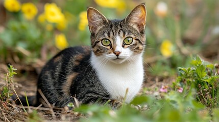 Curious Cat A Beautiful Black and White Cat Poses Gracefully in Lush Garden Greenery.